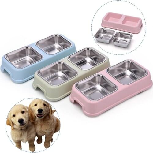 Pet Puppy Drinking Tray Double Pet Bowl Cute Stainless Steel Feeder Cat Puppy Feeding Supplies Small Dog Accessories Dog Bowl