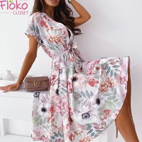 Flokocloset Summer Lace-Up Belt Shirt Dress Sexy V Neck Button Short Sleeve Party Sundress Vintage Print A-Line Midi Dress