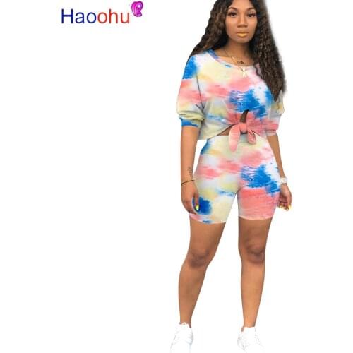 HAOOHU women tie dye print tie up tee tops knee length shorts jogger sweatpants suit two piece set sport tracksuit outfit