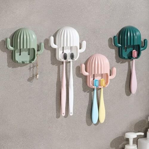 Creative Cactus Wall-mounted Toothbrush Holder Hook Drain Shelf Toothbrush Organizer Bathroom Storage Rack Accessories