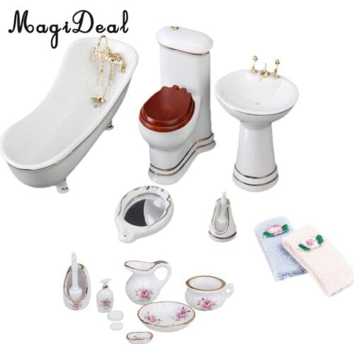 Dollhouse 1:12 Scale Bathroom Porcelain Toiletries Containers Wash Cloth Furniture Kit for Dolls House Life Scene Decor Toys