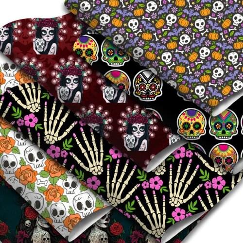Halloween Festival Faux Leather Sheets Skull Bone Pumpkin Printed Synthetic Leather Fabric 20x33cm for DIY Garment Accessories