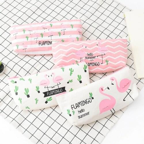 Kawaii Cute Pink Flamingo Canvas Pencil Case Storage Organizer Cactus plant Pen Bags Pouch Pencil Bag School Supply Stationery