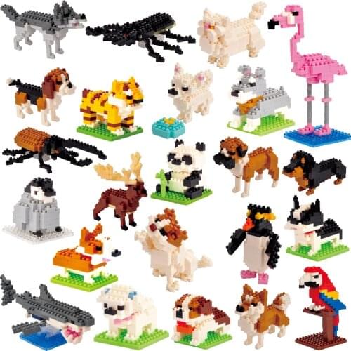 Cartoon Animals Tiger Elephant Cat Dog Panda Husky Poodle Giraffe Model Mini Micro Building Blocks Bricks Toys for children gift