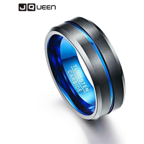 JQUEEN Mens 8mm Tungsten Carbide Ring Blue & Black Matte Finish Beveled Edge Wedding Band Size 4 to 17 AAA Quality
