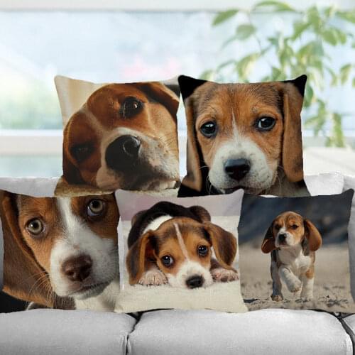 XUNYU Cute Pet Beagles Cushion Cover Linen Printing Pillowcase Childrens Bedroom Decoration Pillowcase Cushion Cover 45x45cm