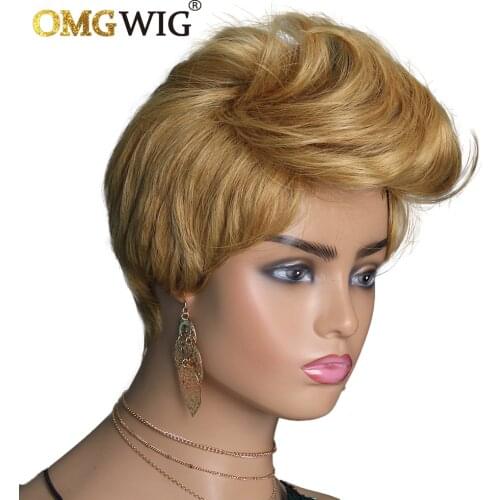 Cheap Honey Blonde Piexie Cut Brazilian Hair Wigs For Women No Lace Front Wig Wavy New Arrived Short Wig With Bang Free Shipping