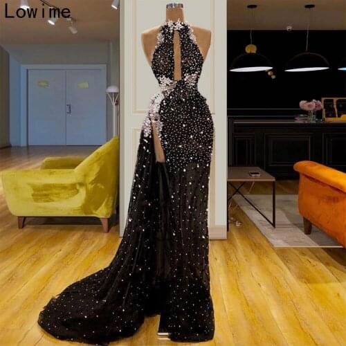 New Fashion Illusion Cocktail Dress Long Sleeveless Halter Pearls Prom Dress Sexy Women Party Gowns Evening Runaway vestidos