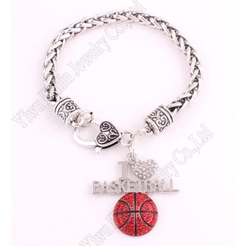 New Arrival rhodium plated with sparkling crystals I LOVE BASKETBALL charm bracelet link chain