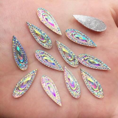 60PCS Shiny AB Resin 6*20mm Peacock Eye Teardrop Flat Back Rhinestone Scrapbook DIY Wedding Applique Ornament F601