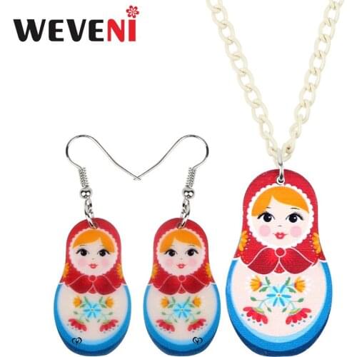WEVENI Acrylic Jewelry Sets Sweet Printing Flower Russian Doll Necklace Earrings Drop Cute Jewelry For Women Girls Lovers Gift