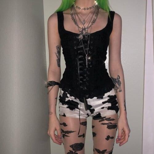 Goth Dark Grunge Black Tank Tops Gothic Transparent Hollow Out Crisscross Bandage Top Summer Sexy Mesh Ruch Ruffle Tops DA193