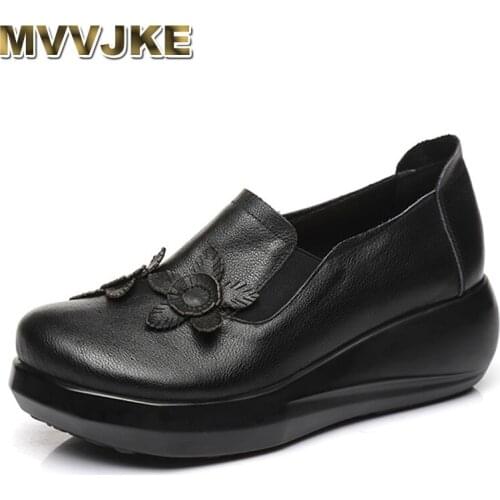 MVVJKE 2020 Spring Flowers Retro Women High Heel Wedges Shoes Comfort Casual Fashion Shoes Platform Women Genuine Leather Shoes