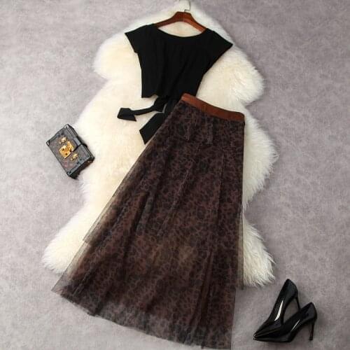 Women bow tie short top and leopard print mesh maxi skirt set sexy two piece outfits summer 2021 designer fashion club twinset