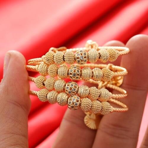 24K 4pcs Baby Bangles Ethnic Bead Dubai Gold Color Girls Bangles &bracelets Birthday Jewelry Best Gift for Girls Kids