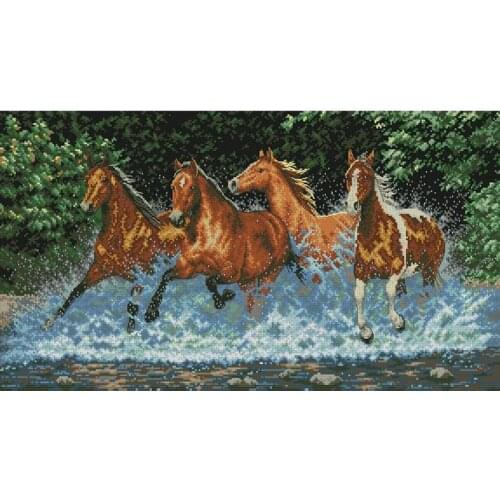Free delivery Top Quality Lovely Counted Cross Stitch Kit four brown horses horse paddle with water river dim 35214