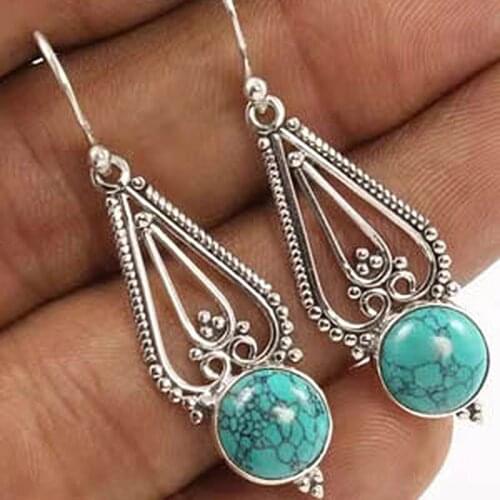 Bohemian Long Drop Blue Stone Resin Earrings For Women Retro Ancient Silver Color Hollow Turquoises Earrings Accessories O4M054