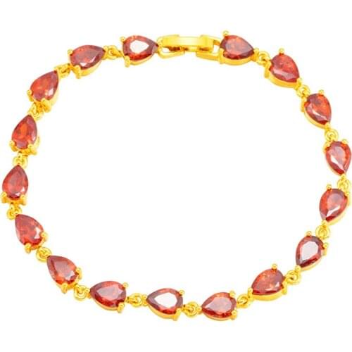 Brillant Red Cubic Zircon Yellow Gold Filled Water Drop Shaped Womens Bracelet Fashion Wrist Chain