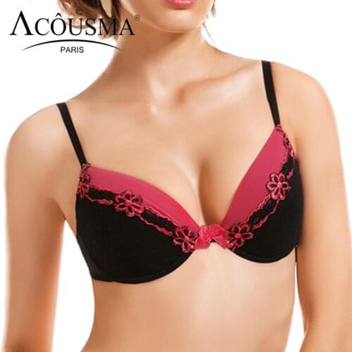 ACOUSMA Sexy Women 3/4 Cup Push Up Embroidery Floral Patchwork Bowknot Polka Dot Bra Brassiere Underwear Female Ladies Lingerie