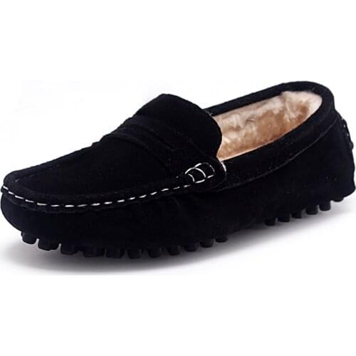 Kids Shoes Genuine Leather Shoes Loafers For Girls With Fur 2018 Winter Fashion Sneakers Children Peas Shoes Casual Boys Walking