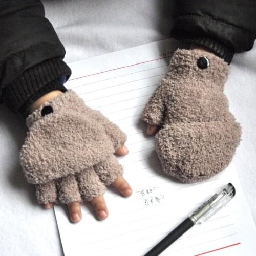 Children 5-11 years old keep warm in winter half-finger gloves elementary school students with lid coral fleece woolen gloves