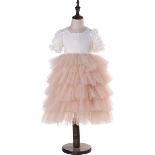 Children Frock 2019 Summer Lace Petal Sleeve Princess Tutus Back Hollow Kids Layers Tulle Cake Laced Flower Girl Dress 2-6years