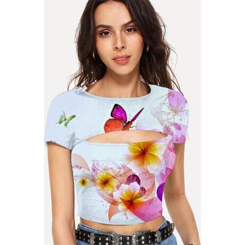 Somepet Butterfly T shirt Women Animal Tshirts Casual Flower Shirt Print Colorful Navel Bare Womens Clothing Summer Short