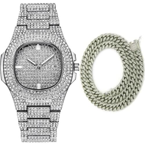 Hot Fashion Men Watches 2020 Luxury Diamond Watch Waterproof Quartz Casual Male Clock Hip Hop Iced Out 18K Gold Necklace Jewelry