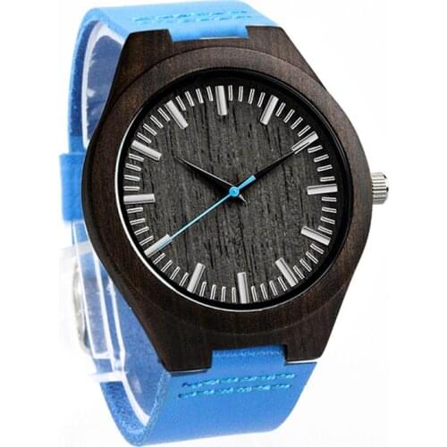Customizable Blue Strap Personal Message Inscription Laser Engraving Women Ebony Wood Watch with Wooden Face for Crafting