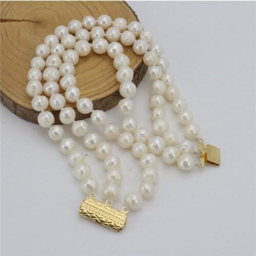 Graceful 3 Rows White Freshwater Pearl Shell Bracelet 7-8mm Beads Women Jewelry Making Female Bracelet 7.5inch (Minimum Order1)