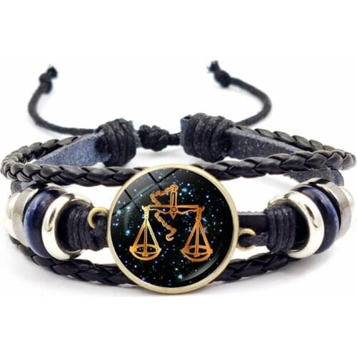 12 Zodiac Signs Leather Bracelet for Men Women Pisces Aquarius Capricorn Scorpio Braided Rope Bracelets Birthday Gift Wholesale