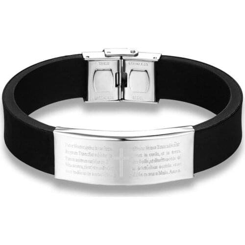 2018 Bible Cross Charm Silver Color Men Bracelet Stainless Steel Black Silicone Leather Bracelet Bangle Jewelry