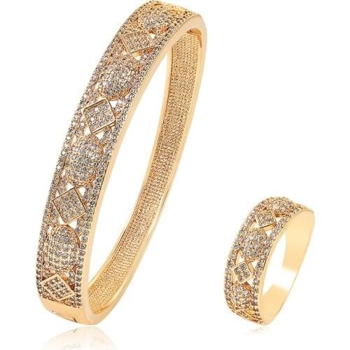 MxGxFam Luxury Mirco Full Zircon Geometry Pattern Bracelet and Ring Jewelry Sets for Women AAA+ 18k Gold Plated