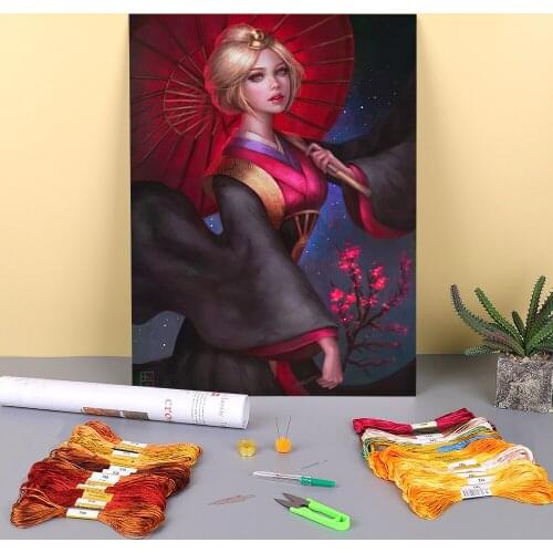 Cartoon Girl Woman Printed Water-Soluble Canvas 11CT Cross Stitch Set Embroidery DMC Threads Needlework Painting Stamped