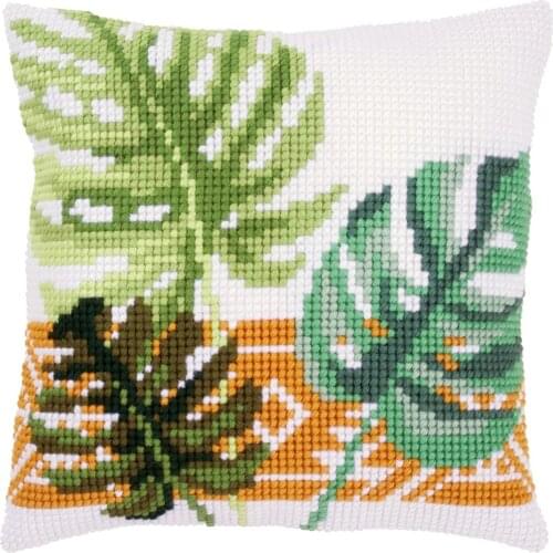 Cross Stitch Cushion Cover Tropical Leaves Needlepoint Kits Printed Canvas Chunky Yarn Cross-stitch Pillow Case Arts & Crafts