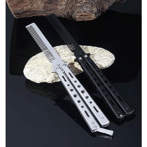 Butterfly Knife Comb Stainless Steel Folding Training Comb Beard Mustache Brushes Butterfly Knife Hairdressing Styling Tool