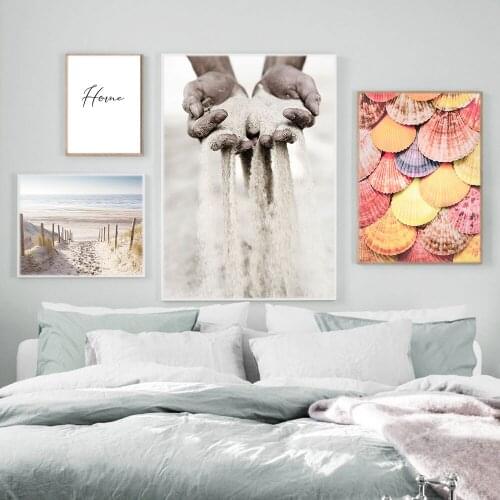 Canvas Painting Seascape Poster Beach Sand Hands Path Scalloop Poster Nordic Style Print Wall Picture for Living Room Home Decor