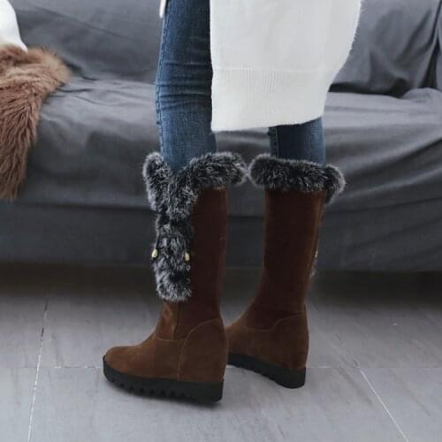 PXELENA 2018 Winter Warm Snow Boots Women Round Toe Flock Hidden High Heels Platform Mid Calf Boots Female Shoes Black Brown New