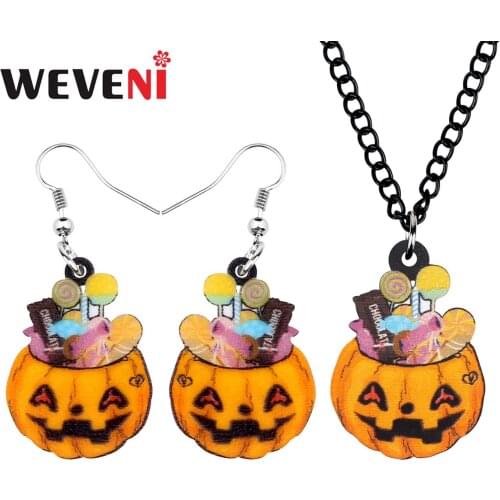 WEVENI Acrylic Halloween Sweet Pumpkin Candy Jewelry Sets Necklace Earrings For Women Girls Kid Classic Festival Gift Decoration