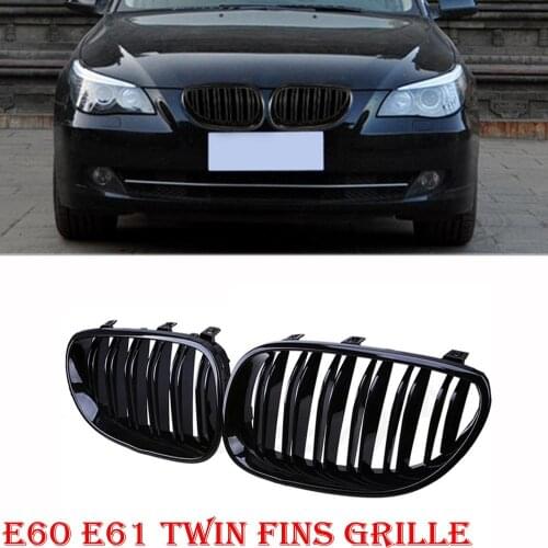 Front Gloss Black Kidney Twin Fins Bumper Grilles For BMW E60 E61 M5 5 Series Touring 520d/520i/523i 2003-2010