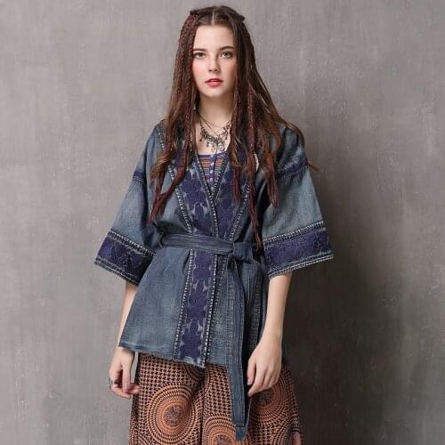 New womens spring 2020 short jean jacket cotton heavy embroidery 7 minutes of sleeve coat B9257 restoring ancient ways belt