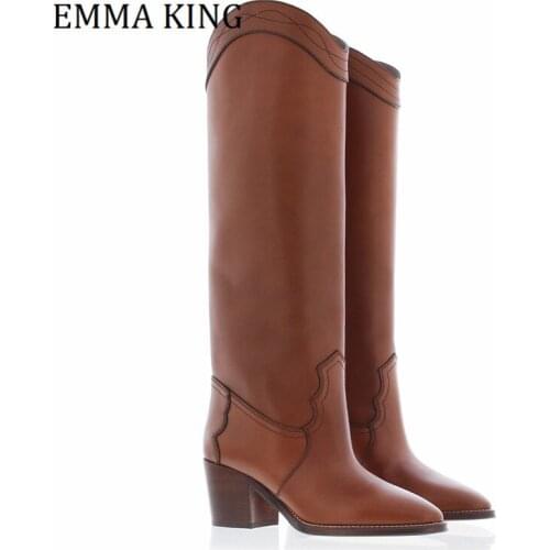 2020 Autumn Winter Women Leather Knee High Boots Comfortable Lower Chunky Heels Lady Long Boots Designer Slip On Botas De Mujer