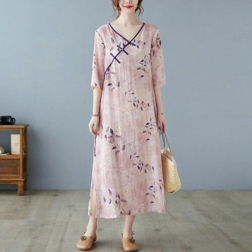 Women Summer Casual Long Dress New Arrival 2021 Chinese Style Vintage V-neck Print Loose Ladies Elegant A-line Dresses B673