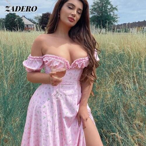 Summer Dress Women 2021 Sexy Elegant Pink Floral Print Edge Off Shoulder Puff Sleeve Backless Split Dresses Romantic Party Beach