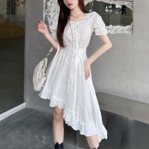 Korean Elegant Casual Summer Dress Women Square Collar Vintage Puff Sleeve Irregular Long Party Dress Female Vestidos 2021 New