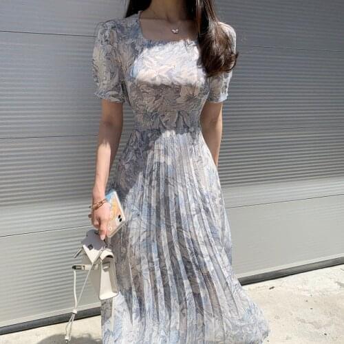 Summer 2021 Printed Korean Chiffon Long Dress Women Short Sleeve Square Collar Belted Pleated Elegant Dresses Femme 722B