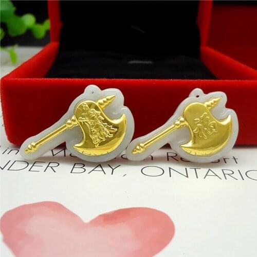 3D gold inlaid natural jade axe pendant E7