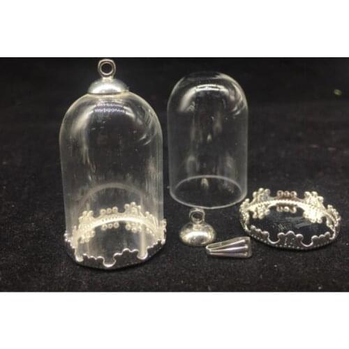 50sets/lot 30*20mm bell shape glass globes jar with silver color crown base cap set glass vials pendant glass bottle accessories