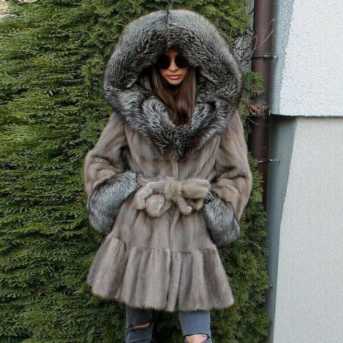 BFFUR 2021 Fashion Real Mink Fur Coat Women Winter High Quality Full Pelt Mink Fur Coats With Big Silver Fox Fur Hood Overcoats