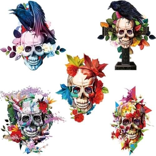 Flower skull heat-sensitive iron on patches stripes appliques thermo stickers on clothes heat transfer stickers custom patch
